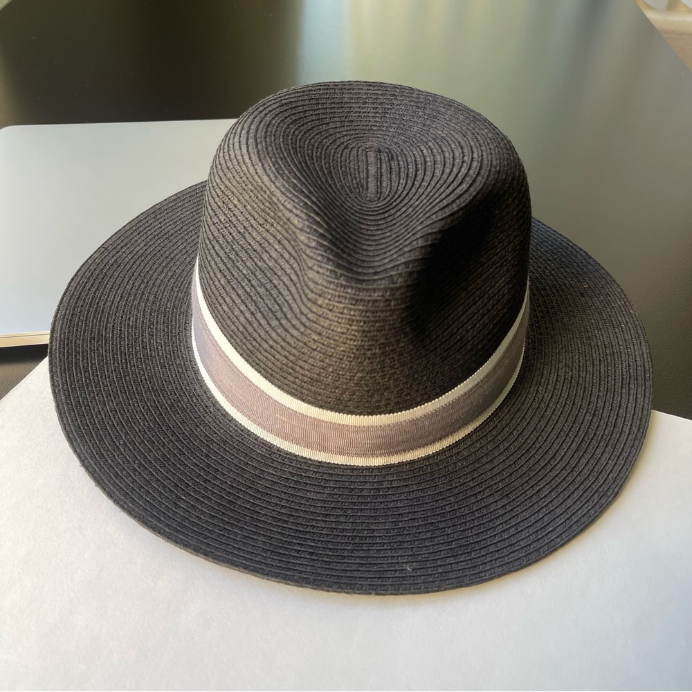 Black Panama Straw Hat With Grey Brim Size M